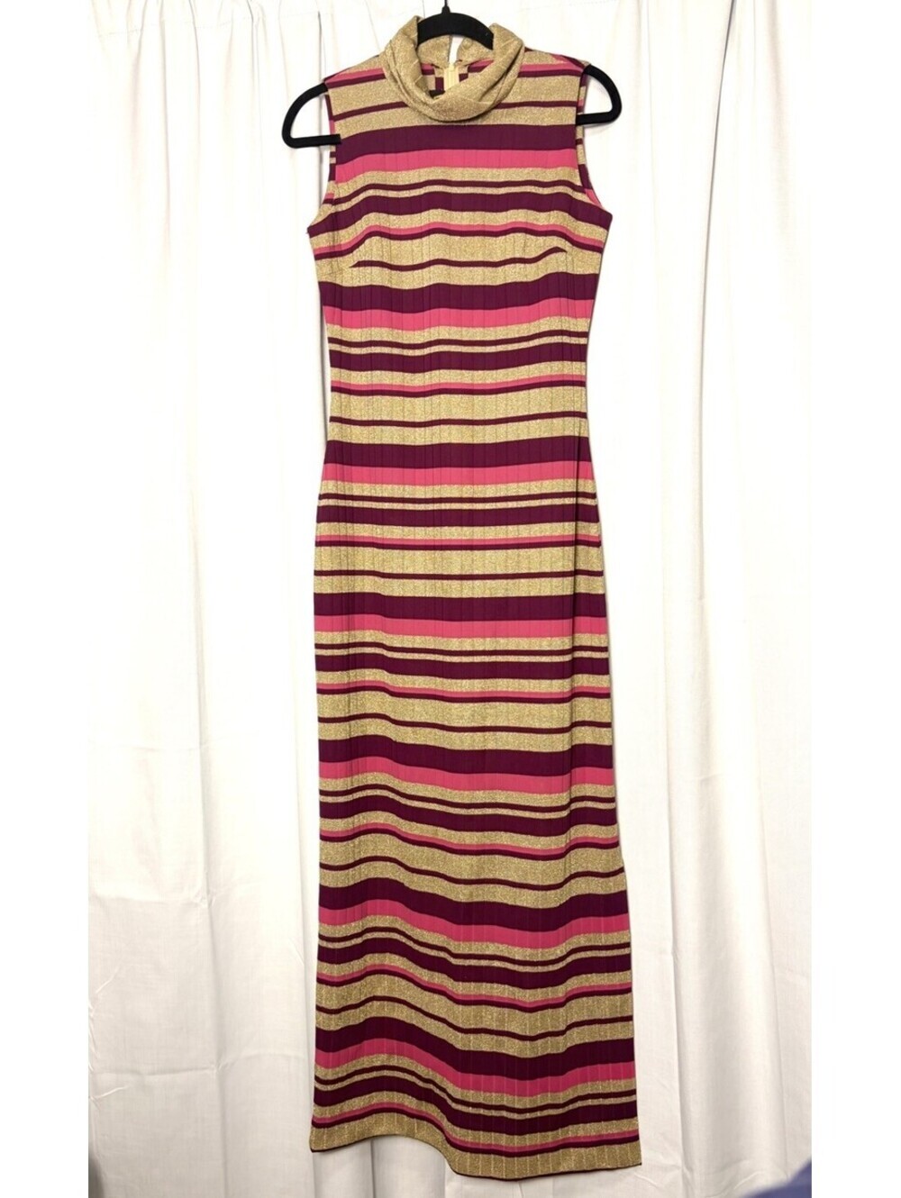 Vintage 1970s VAMP Pink & Gold Metallic Stripe Multicolor Maxi Dress S/M